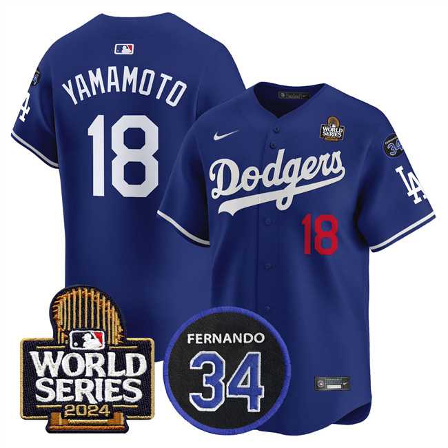 Mens Los Angeles Dodgers #18 Yoshinobu Yamamoto Royal 2024 World Series With Fernando Memorial Patch Limited Stitched Baseball Jersey